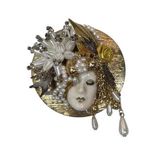 Vintage Porcelain Mask Brooch Flapper Lady Faux Pearls Beads Handcrafted Signed